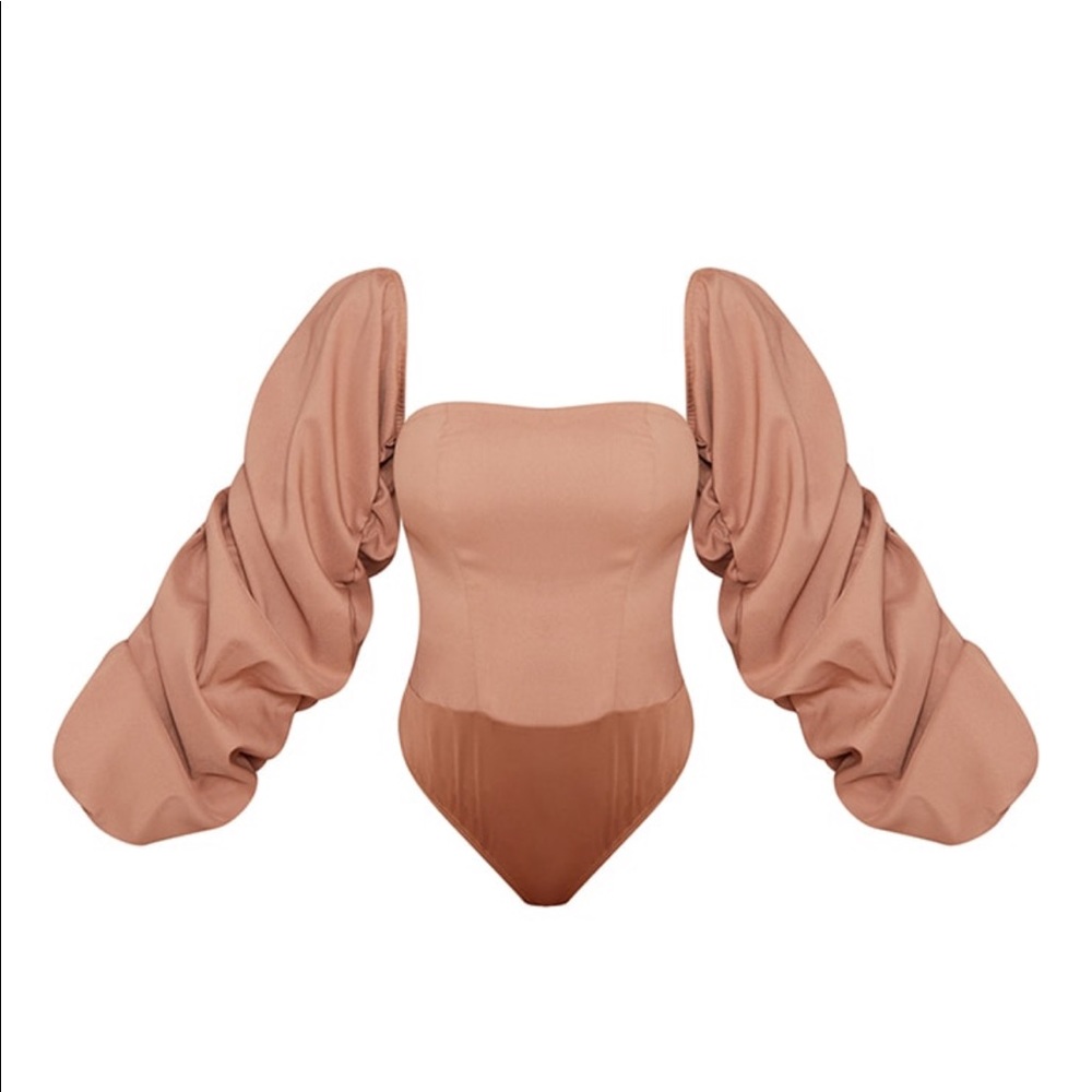 NWT PrettyLittleThing Mocha Dusty Rose Bardot Ruched Balloon Sleeve Bodysuit